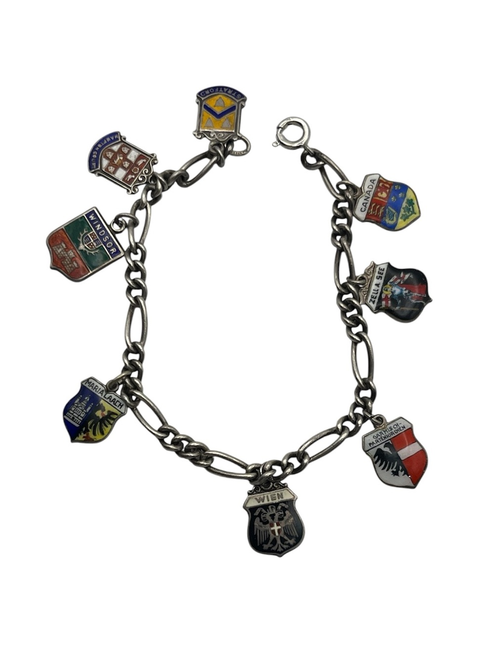 Travel coat of arms enamel charm bracelet European souvenir silver vintage